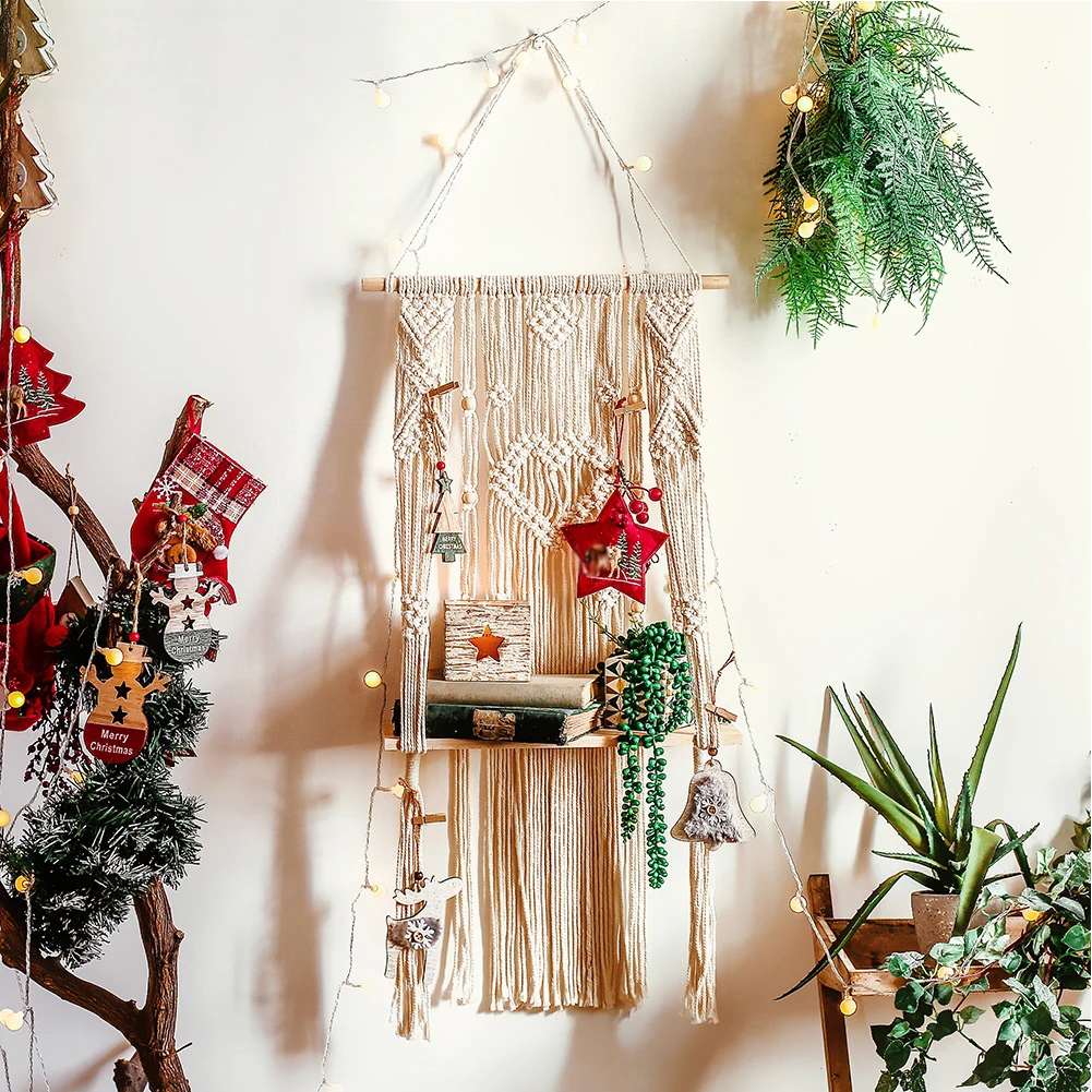 

Floating Plant Rack Ornament Macrame Wall Hanging Shelf Bedroom Home Decor Wood Organizer Woven Tapestry Easy Install Nordic