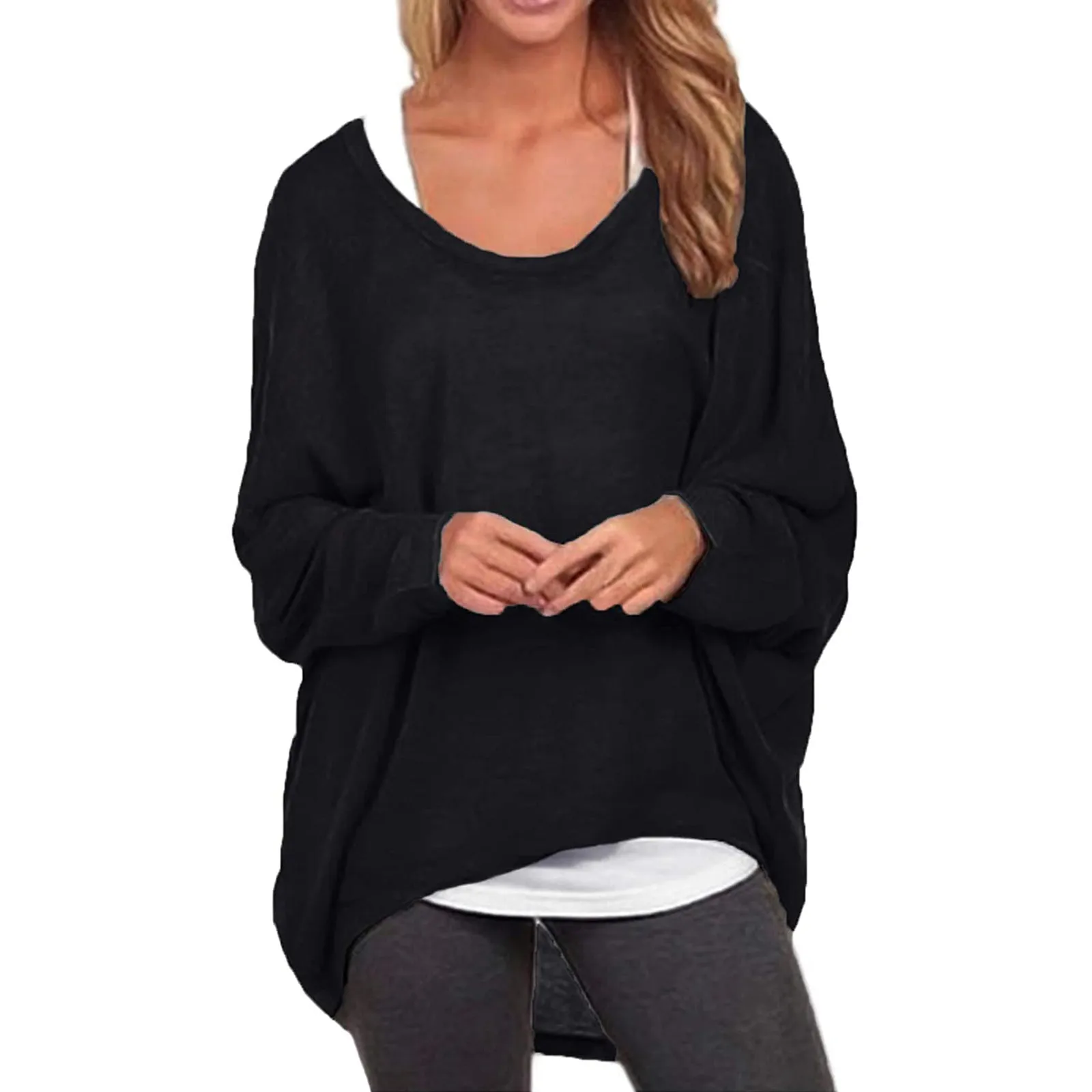 

Oversize Women Loose Shirts Fashion Sexy Round Neck Pure Color Long Sleeve Loose Tops Teens Daily Work Casual Top Tee Streetwear