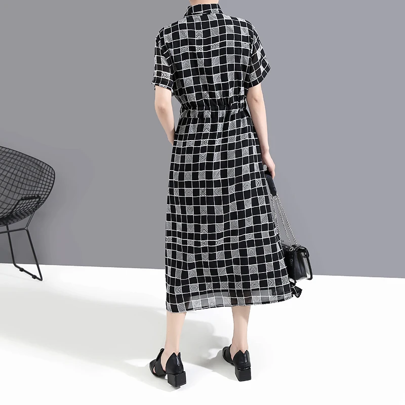Новый 2020 Для женщин Летнее модное Черное длинное платье в клетку с поясом и
