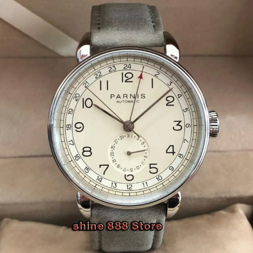 Мужские автоматические механические часы Parnis с кожаным ремешком 42 мм GMT|Мужские