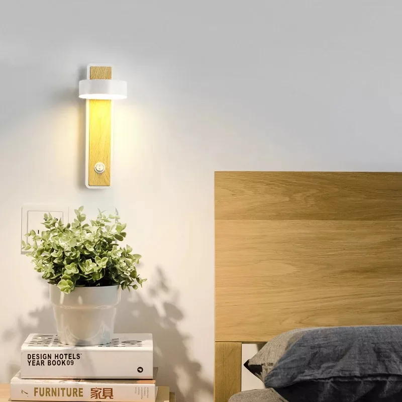 Wooden LED wall lamp with switch bedroom living room Nordic modern light aisle study reading sconce white black lamps | Лампы и
