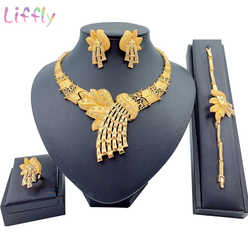 Дубай женские золотые ювелирные наборы модное ожерелье в форме листа браслет