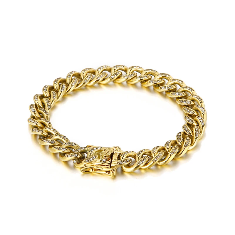 

3 Color 11mm Curb Cuban Chain Zircon Temperament Charm Stainless Steel Men's Bracelet Jewelry