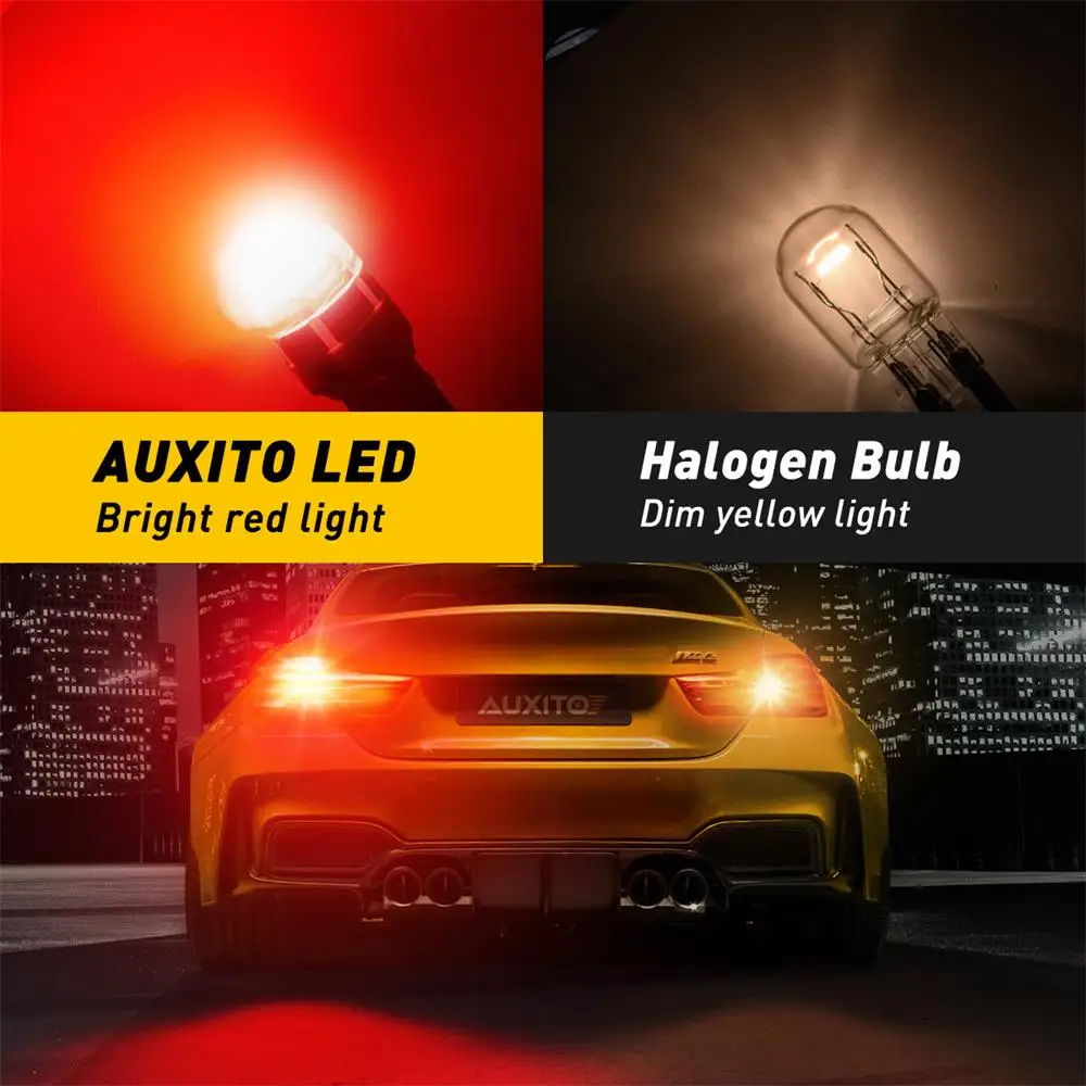 Фото AUXITO 2x автомобильные задние фонари T20 7443 светодиодный Canbus без ошибок блестящий красный W21/5W светодиодный запасной лампочка для автомобильных... №2