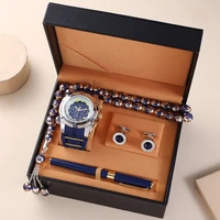 luxury quartz wristwatch man watch gift set with high quality box rosary bracelet cufflinks pen mens watches set gift for men