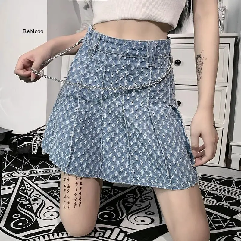 

Grunge Blue Denim with Hole Skirt Goth Streetwear A Line Hight Wasit Pleated Mini Skirts Harajuku Punk Chain Y2K Skirt