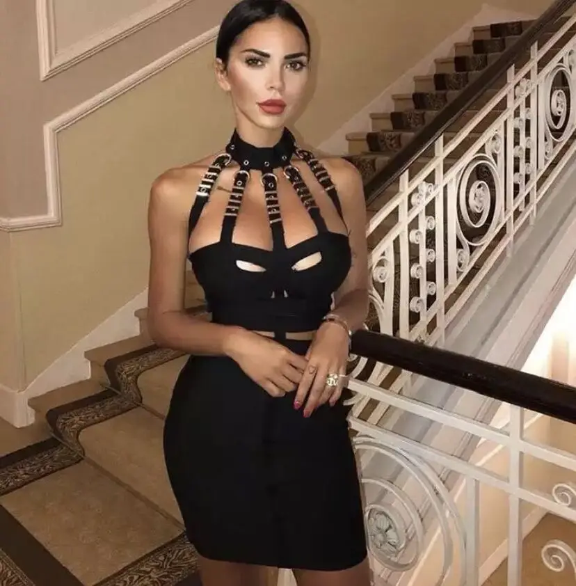 High Quality Black Luxury Eyelet Cut Out Celebrity Rayon Bandage Dress Evening Party | Женская одежда
