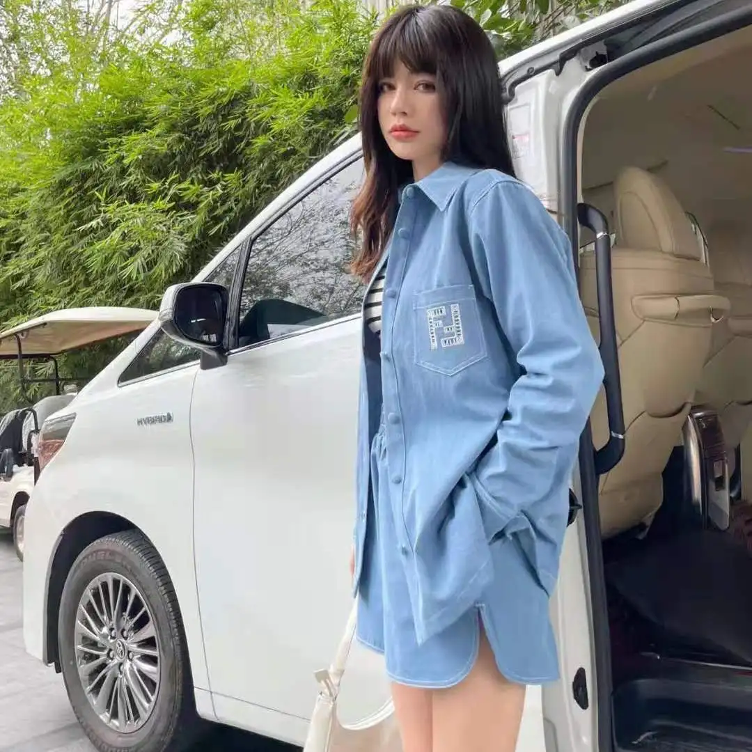 

Set Women's 2021 New Embroidered Letters Blue Denim Jacket High Waist Wide Leg Shorts Two-piece Set