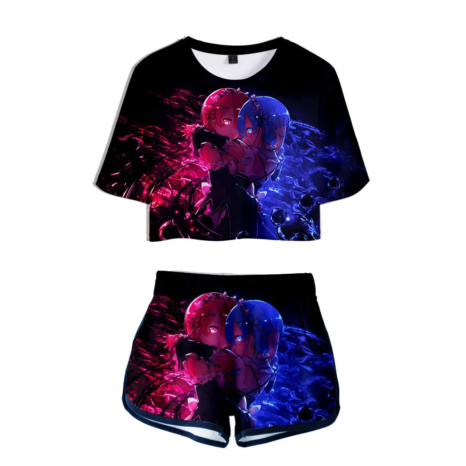 

Fashion summer Short sleeve suit Re Zero Two Piece Set Girls Sexy 3D Print T shirt Sets Anime Rem and Ram Shorts Tops+Short Pant