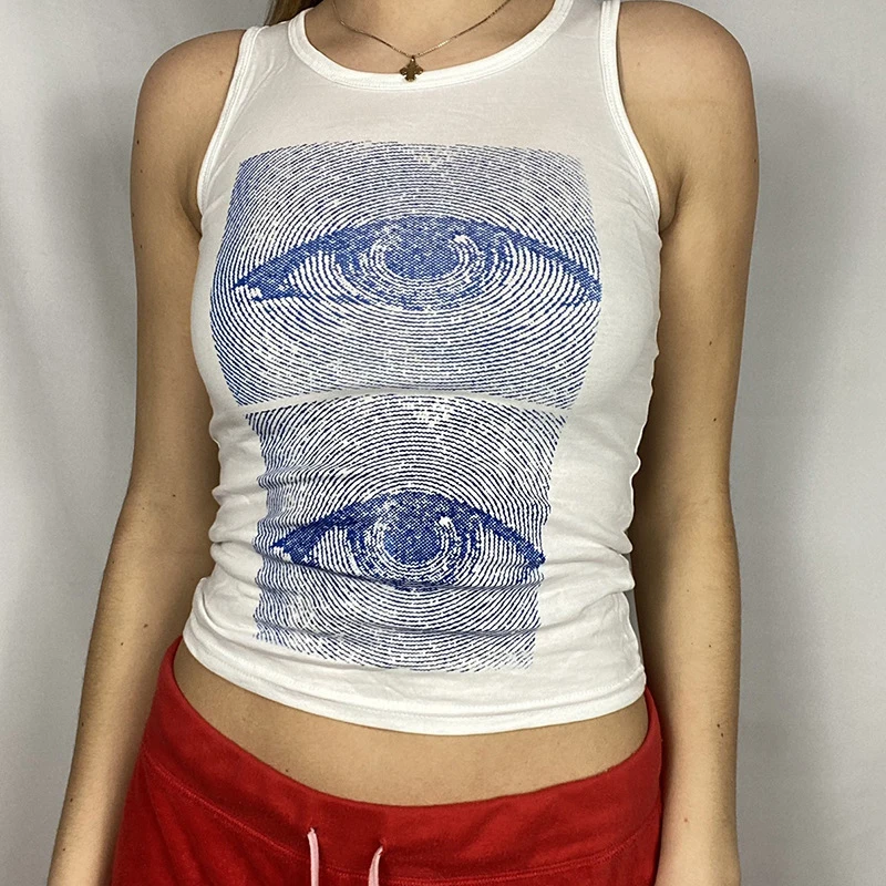 

Summer Women Fashion Printed T-shirt Tank Top Round Neck Sleeveless Polyester Casual Movement Evening Party Tees