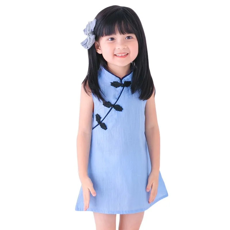 Кофе Китайское платье принцессы Cheongsam; летнее платье для маленьких девочек; детская одежда; милое хлопковое платье принцессы без рукавов с цветочным принтом - Цвет: Кофе