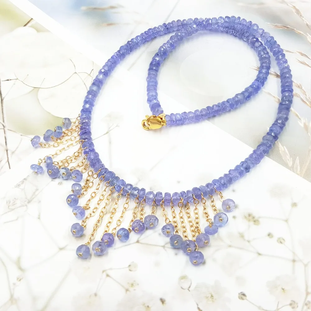 ?? Liijiユニークな天然石ブルーtanzanites Gfタッセルチョーカーネックレス女性ニースギフト結婚式ネックレスドロップ無料