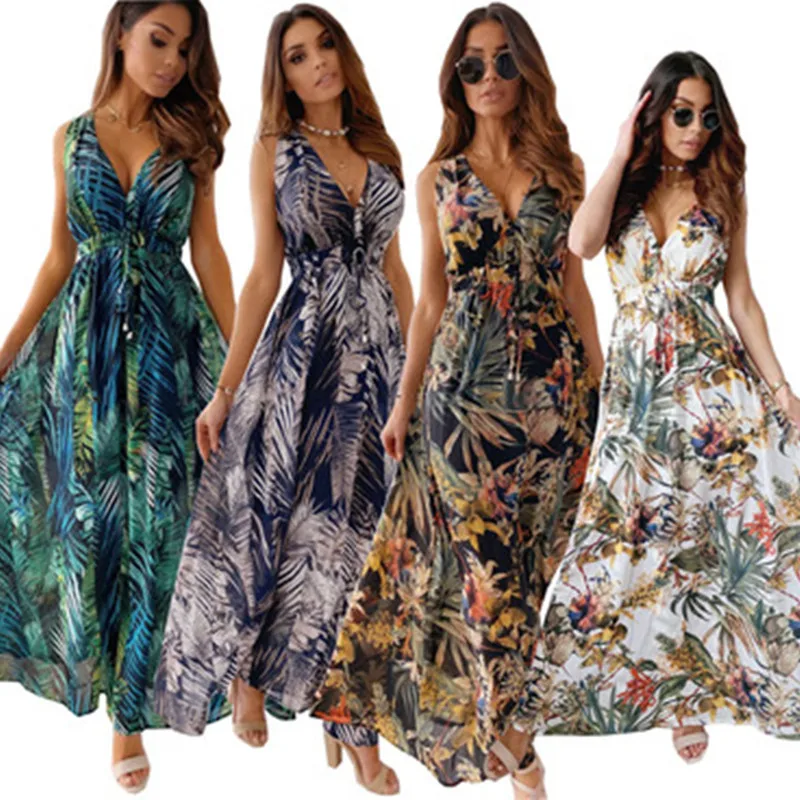 

Beach Boho Floral Print Dresses For Women 2021 Sexy Sleeveless Loose A-Line Lady Dress Summer Women Chiffon Casual Dresses