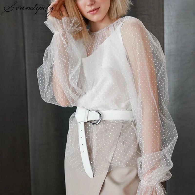Белая кружевная Прозрачная женская блузка в горошек осенняя Уличная Сексуальная