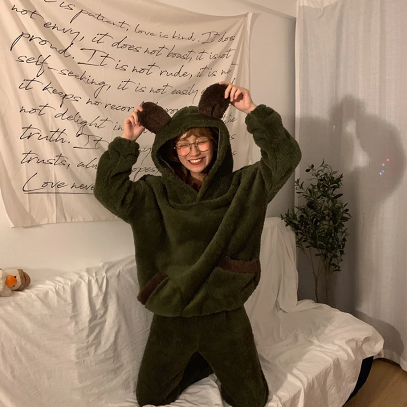 Осень Зима Женская домашняя одежда костюм толстый теплый коралловый фланелевая