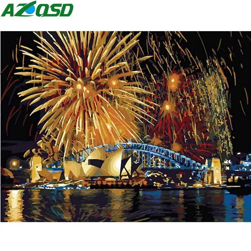 AZQSD масляная краска ing Fireworks по номерам речная Краска Холст Картина Сделай Сам