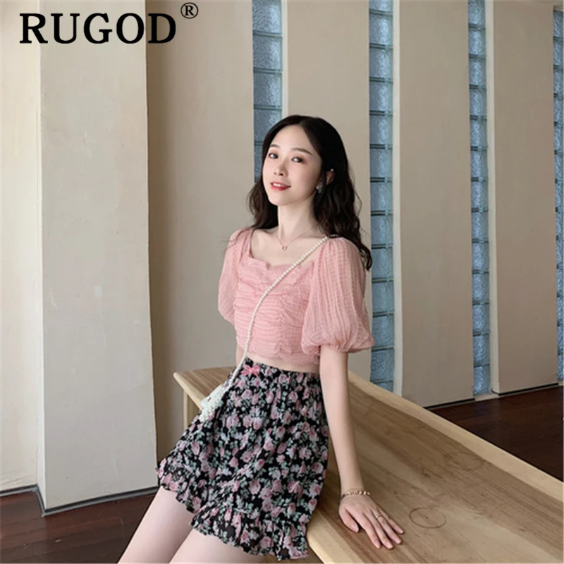 RUGOD/винтажная однотонная женская блузка, Элегантная футболка с пышными рукавами, Стильные корейские летние топы, женская одежда