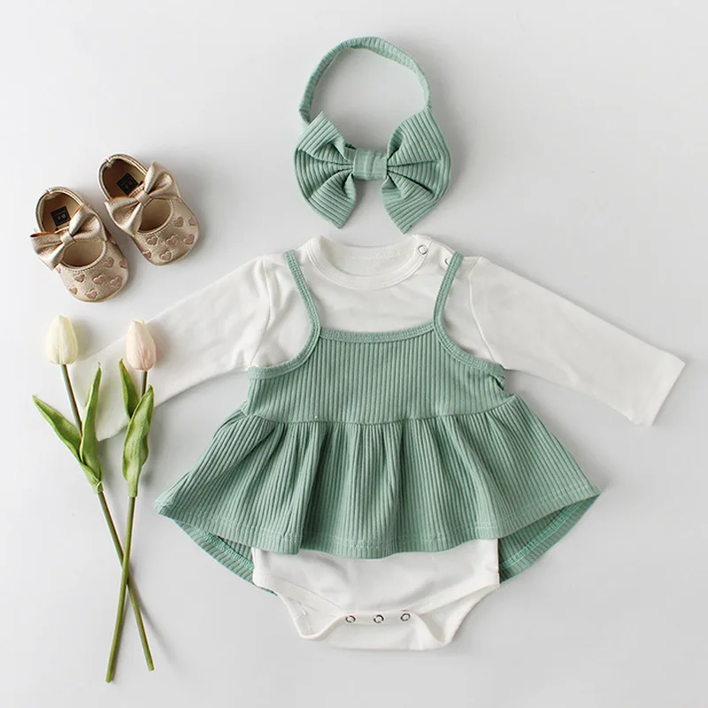 

Baby Clothing 2022 Spring New Sweet Baby Jumpsuit For Girls Skirts Bottoming Triangle Romper Send Bow headband 3-Piece 0-2 Years
