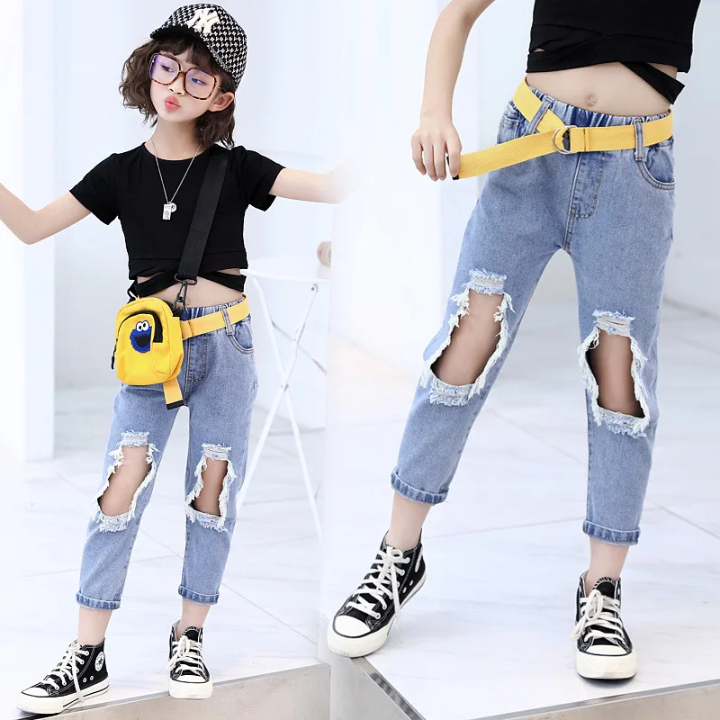 Girls Ripped Jeans 2021 Summer New Large Children Qi Gai Ku Fashionable Denim Ankle-length Pants Song Yao Dai | Мать и ребенок