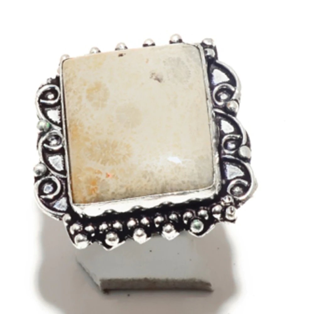 

Genuine Fosil Coral Ring Silver Overlay over Copper , Hand Made Women Jewelry gift , Size: 9