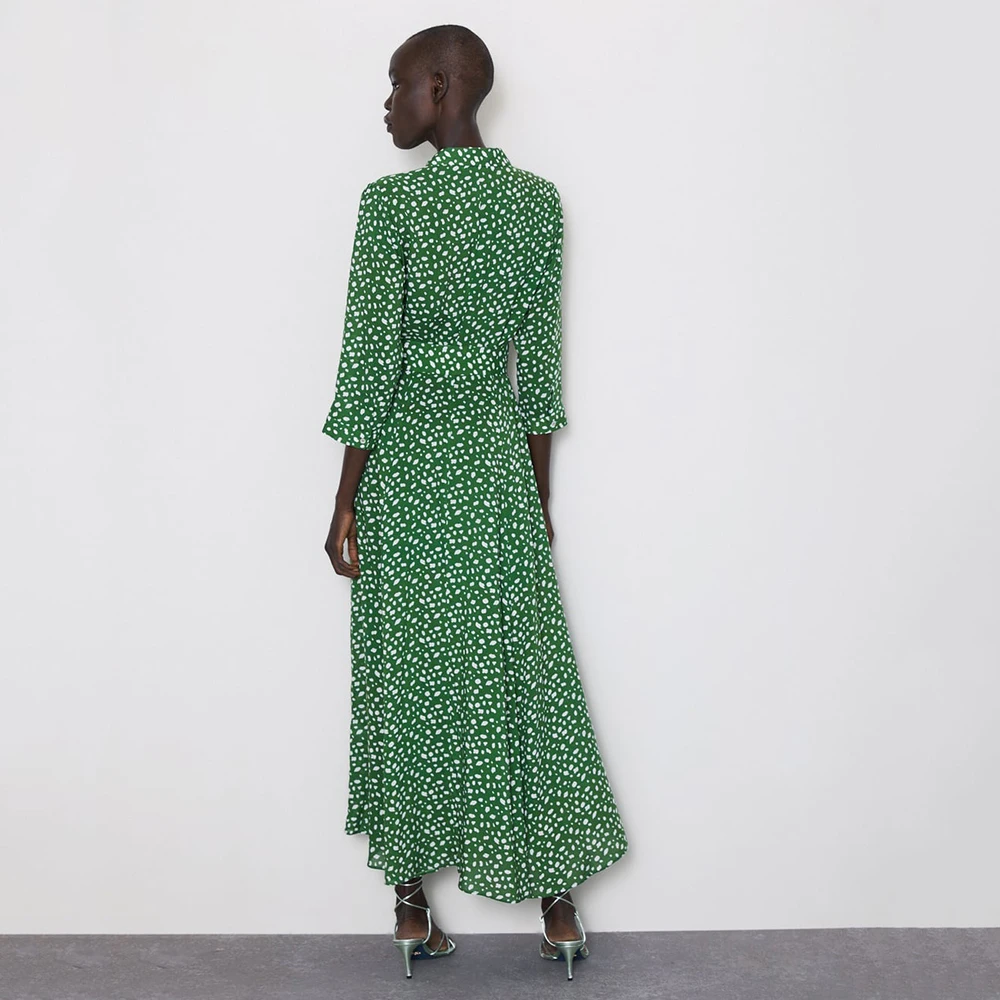 Trendy ZA Green White Dot Print Long Dress Women Boho Turn-Down Collor Belt Split Hem Design Charm Elegant Autumn Style Dress