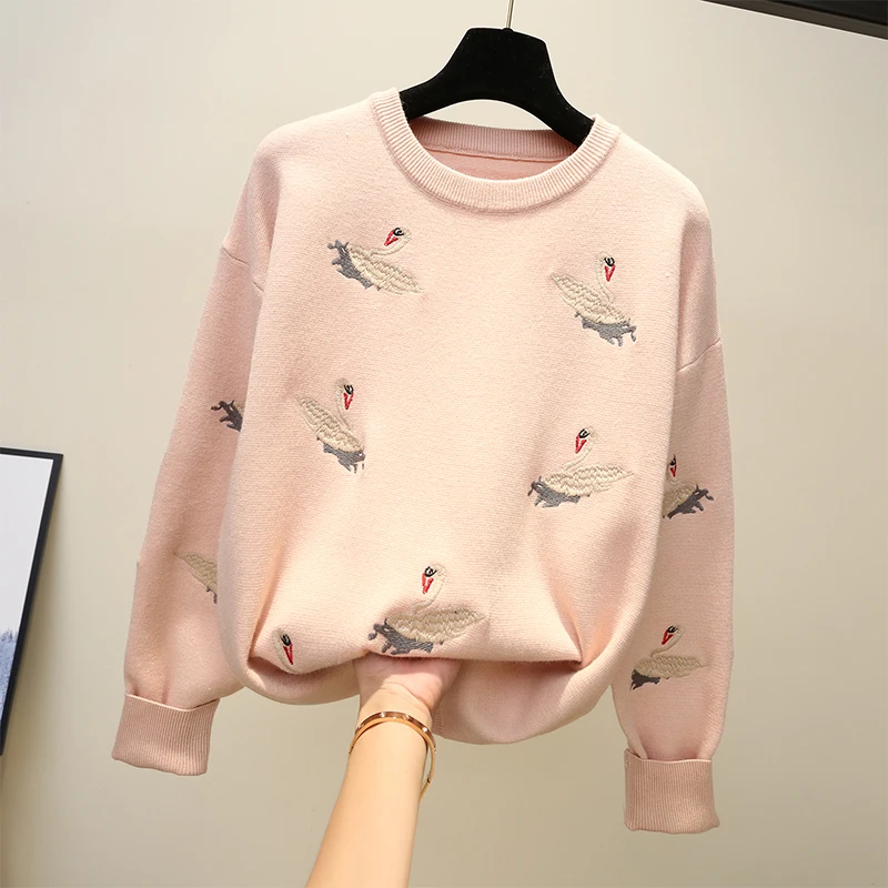 Вышивка гусиный логотип о-образный вырез свободный длинный рукав Модный зимний