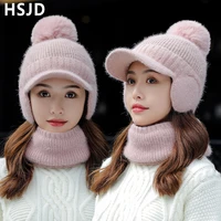 womens rabbit hair knitted hats scarf 2 pcs sets protect ears winter caps thick warm beanies skullies hat bonnet female cap new