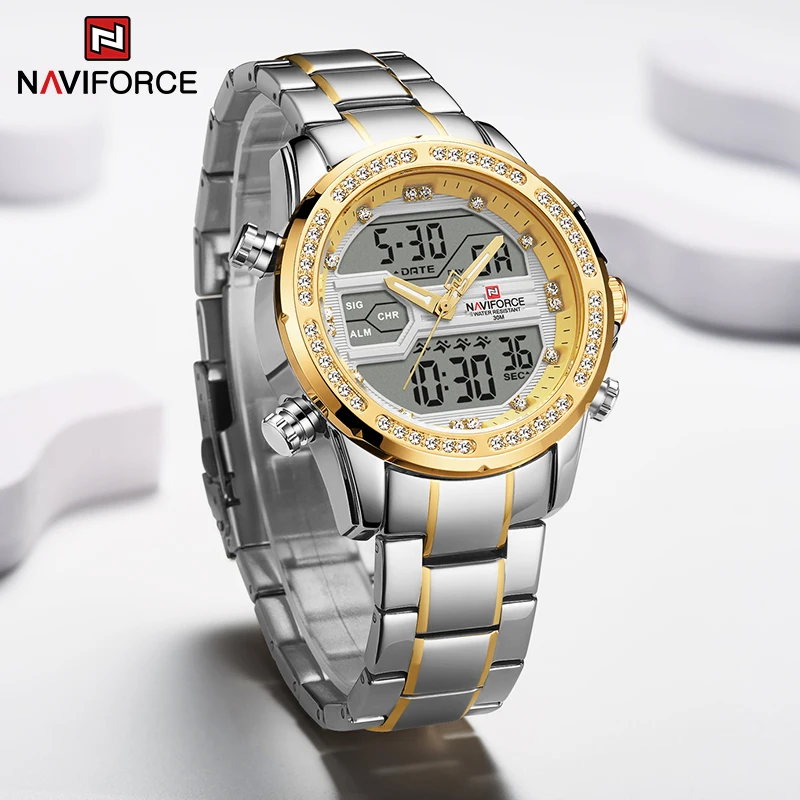 

NAVIFORCE Luxury Wrist Watches Mens with Diamonds Stainless Steel Waterproof Luminous Dual Time Calendar Watch Relogio Masculino