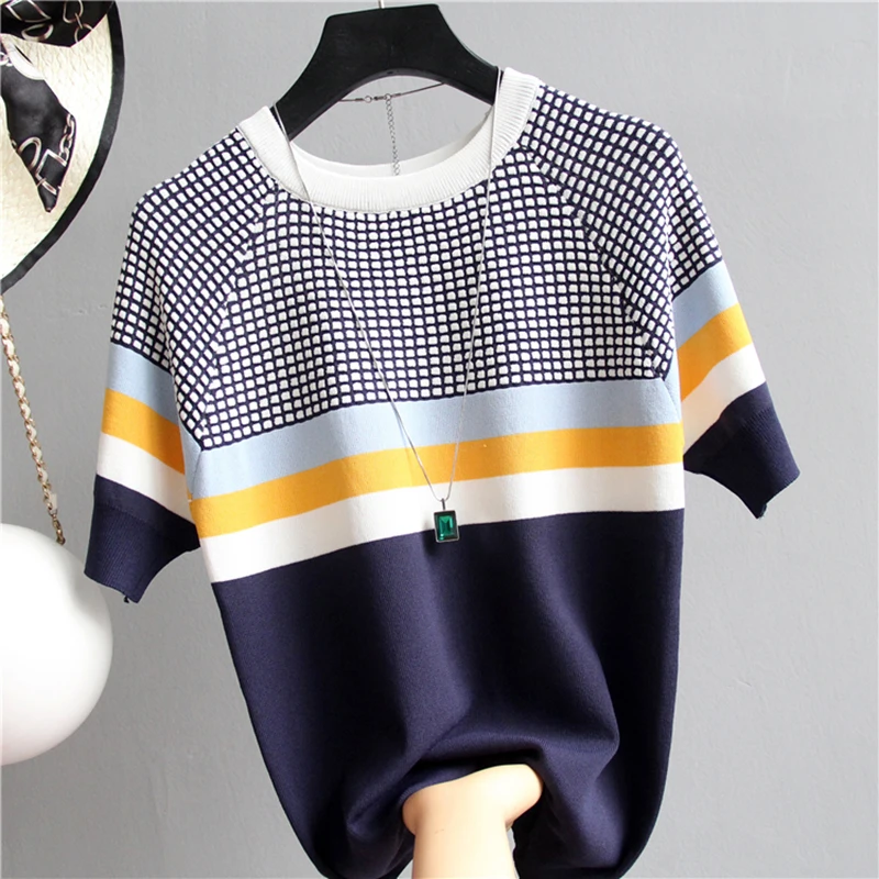 

Vetement Femme 2022 New Vintage Ladies Tops Striped Summer Blouse Pink Elasticity Short Sleeve Blue Women Top Korean Fashion D9