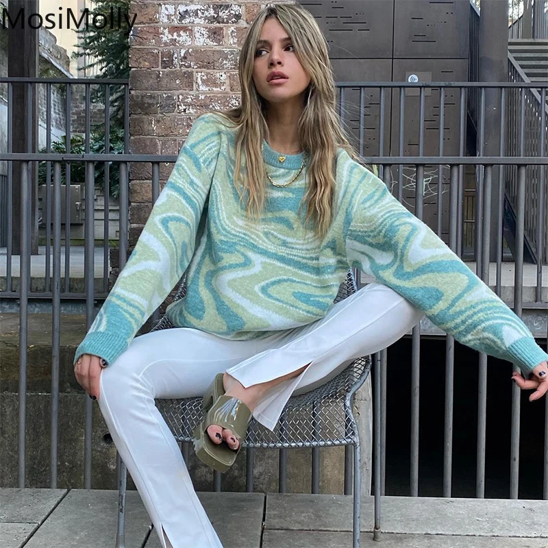 

MosiMolly abstract Striped Sweater Jumper Pullovers Women O neck Knit Sweater Long Sleeve Striped Sweater