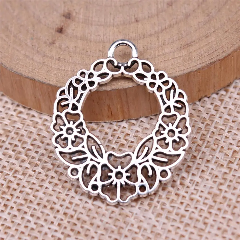 

Hollow Flower Wreath Charms For Jewelry Making Findings Handmade DIY Craft 5pcs Antique Silver Color 30x25mm