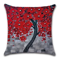 3d oil painting fortune tree red flowers printed linen cushion cover pillowcase car cushion sofa pillow case