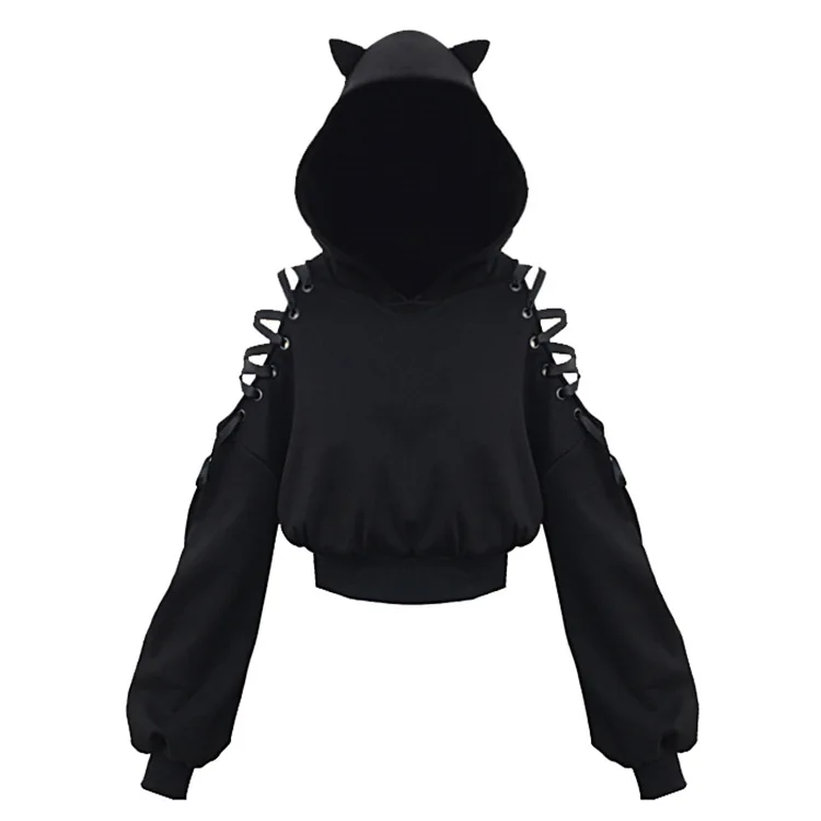 

New Autumn Winter Women Punk Gothic Girls Black Velvet Hoodies Hollow Out Long Sleeve Hooded Sweatshirt Casual Pullover