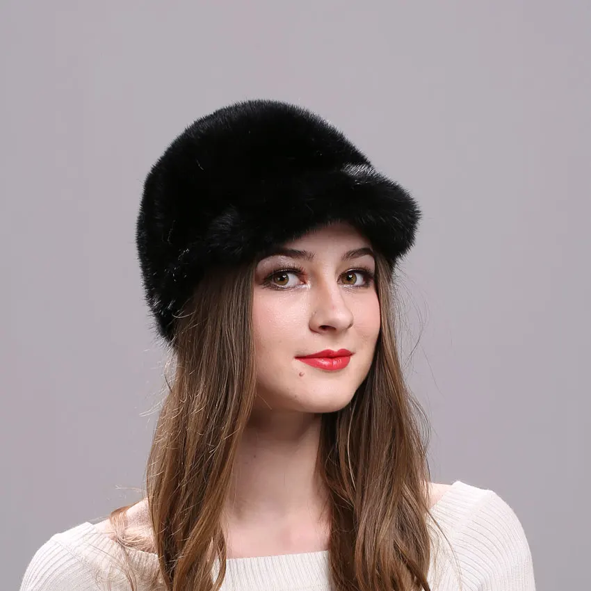 

Winter Fur Visors Warm Lining Natural Mink Fur Cap Hats Cool Beanie 2021 Trendy Black Brown Women Real Fur Knitted Peaked Caps