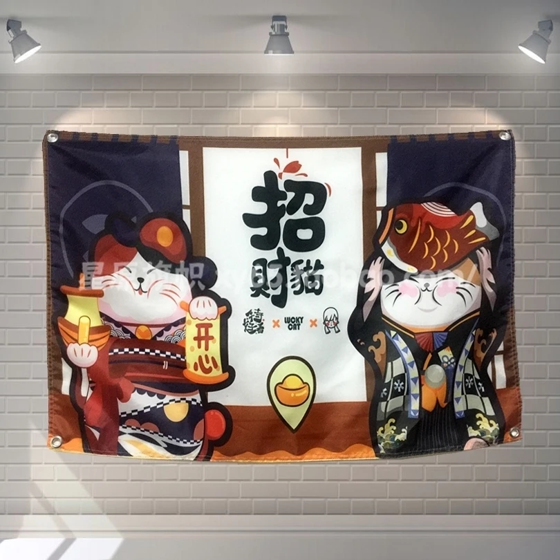 

Японский гобелен укиё-э с изображением кошки удачи, плакаты, баннеры, картины для клуба, студии, настенное украшение с четырьмя отверстиями, ...