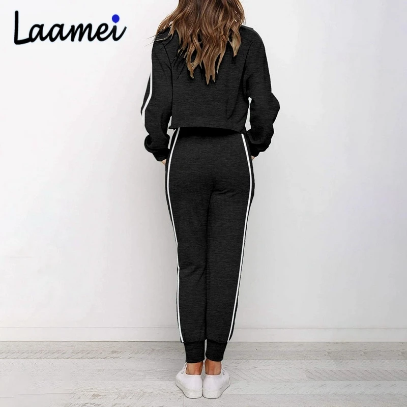 

Laamei Women Casual Solid Gray Two Piece Pants Set Crop Top Lounge Tracksuit Wear Loose Suit Outfit Spring Ladies Clothes 2021