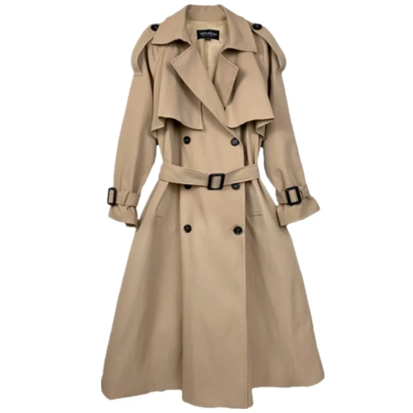 

Женский двубортный Тренч с поясом, длинное Свободное пальто цвета хаки, верхняя одежда на осень, 2022