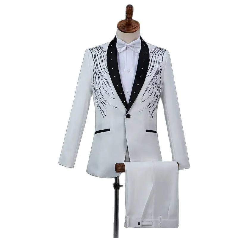 

Cozimastarla Sequins Suit Singer Host Chorus Men's Stage Dress Suits Adult Party Costume with Diamonds Mens Wedding Groom Suits
