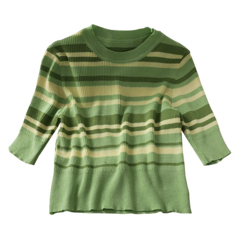 

Women Fashion Slim Bodycon Knitted Stripes Half Sleeves Blouse Lady Sweet Casual Outdoor Top Girls Elegant Daily Basic Shirt