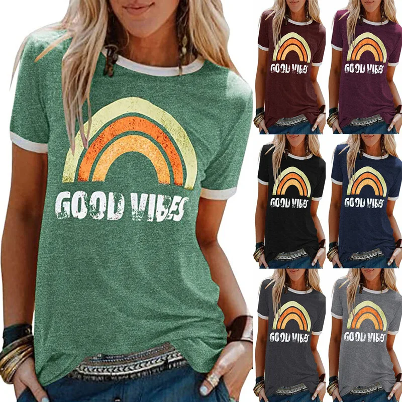 GOOD VIBES Rainbow Print T-shirt For Women Casual Summer Tops 2021 New O-Neck Short Sleeve Loose Tshirt Woman Clothes Plus Size