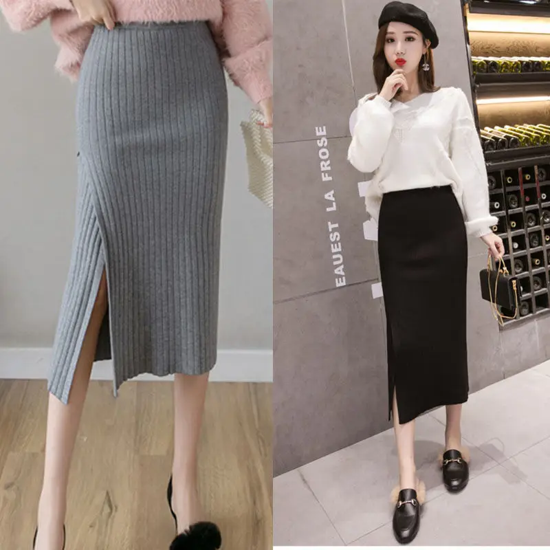 

New Knit Skirts Womens Long Long Skirt 2021 Autumn and Winter Winter Skirt High Waist Split Step Maxi Skirt Y329