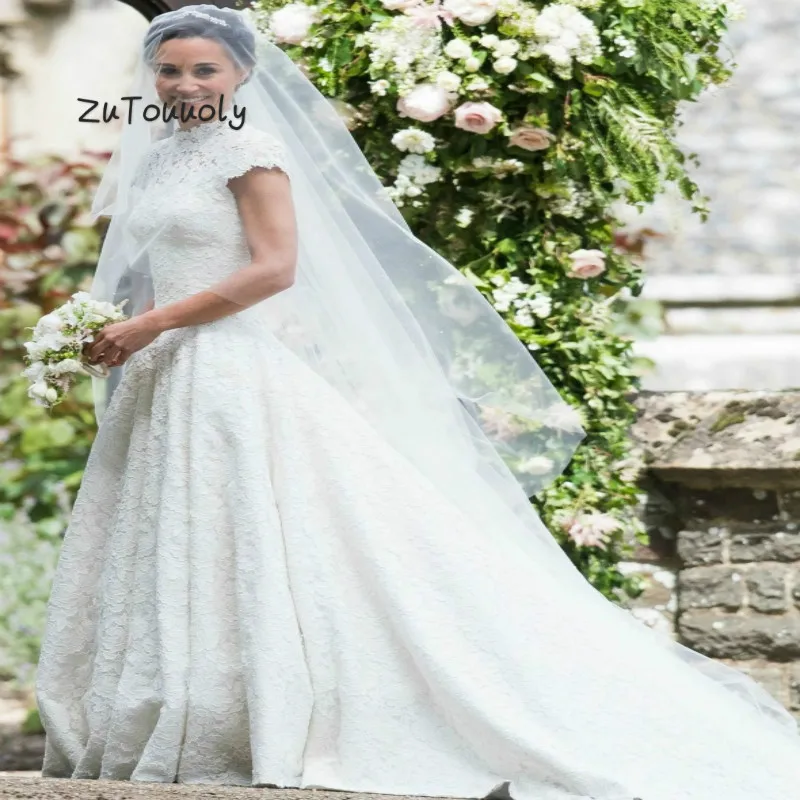 Королевское кружевное свадебное платье принцессы с высоким воротом и короткими