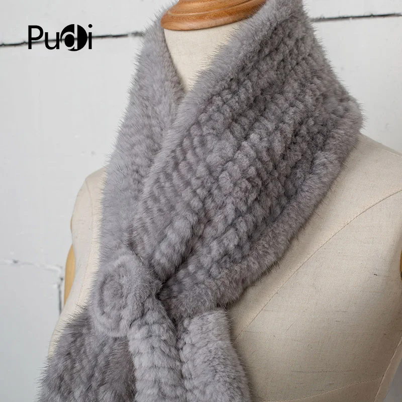 

Pudi SF747 Real Mink Fur Scarf Genuine Hand Knitted Winter Fashion Long Luxury Fur Scarf Scarves Flowers Winter Scarf