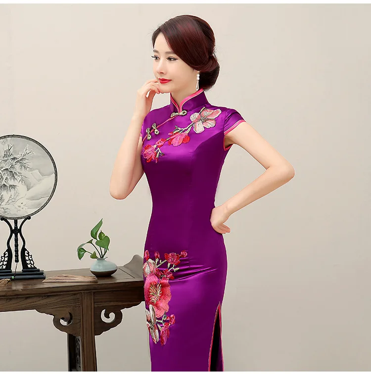 Light Blue Womens Short Sleeve Dress Long Cheongsam Oriental Wedding Party Qipao Chinese Style Elegant Gown Clothes Vestido |