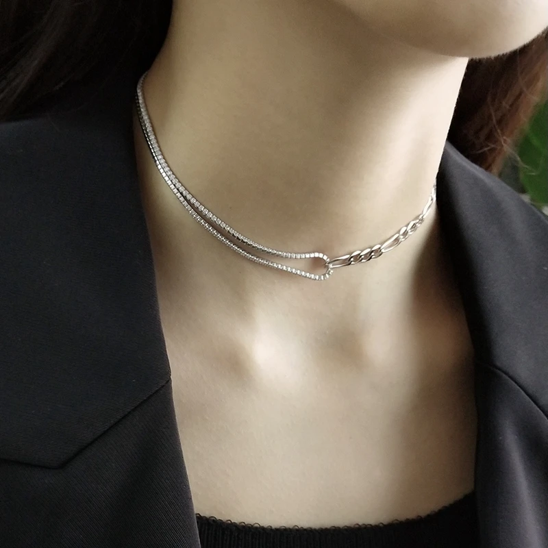 

Silvology 925 Sterling Silver Asymmetry Chain Choker Necklace for Women Shine 5A Zircon Wide Chain Necklace Luxury Jewelry Charm