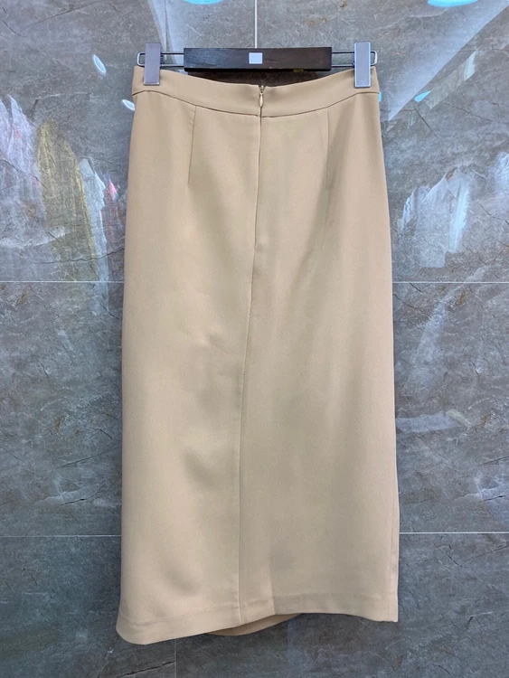 

2021 early spring new women's pure color decoration wrinkled micro-split all-match mid-length skirt 114