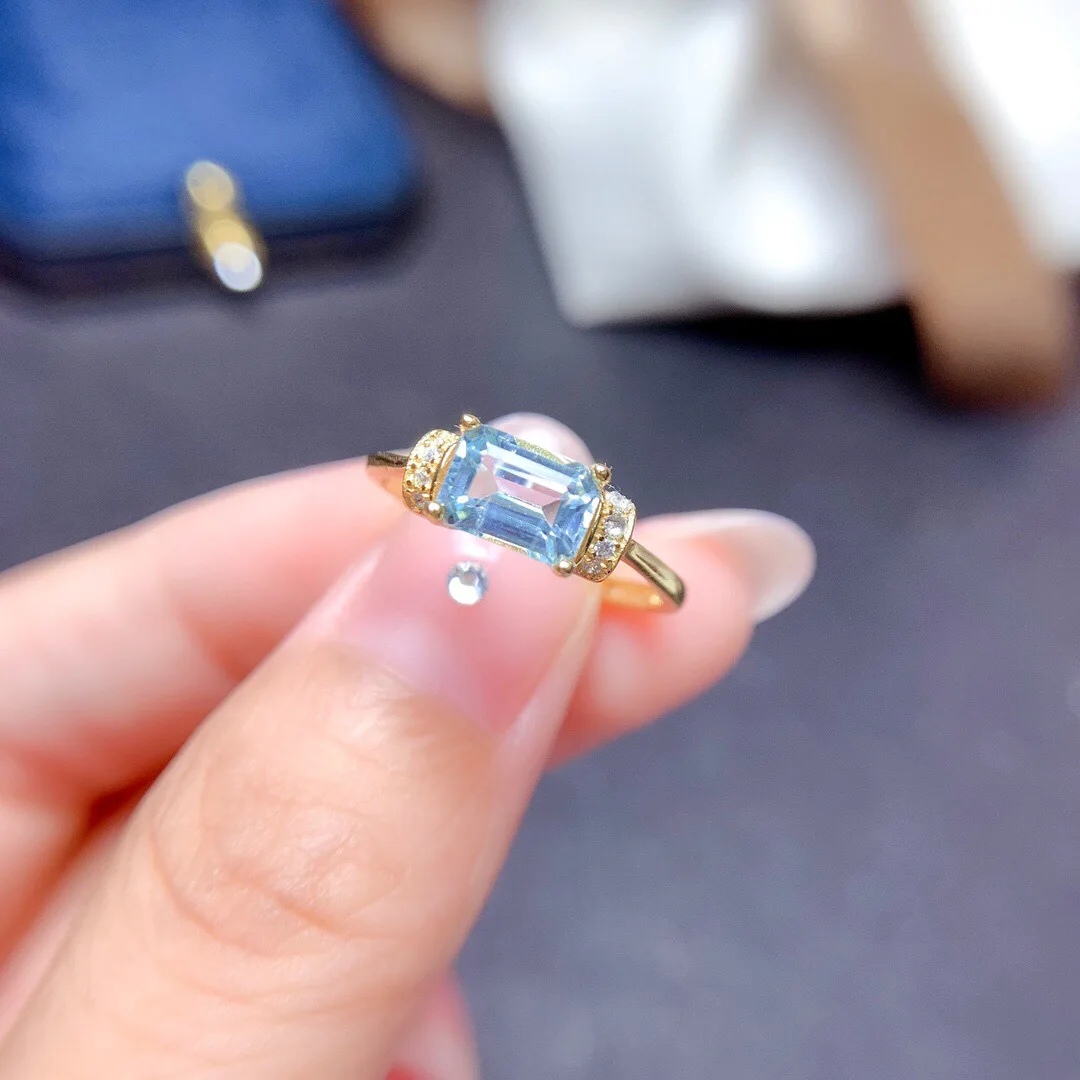 

5mm*7mm VVS Grade Natural Topaz Ring for Daily Wear 0.8ct Emerald Cut Light Blue Topaz Silver Ring Gift for Woman