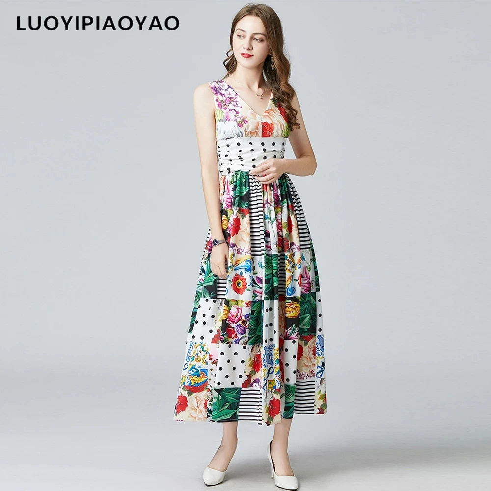 

Женское дизайнерское платье макси для отпуска, элегантное праздничное платье на бретелях-спагетти с V-образным вырезом, оборками и цветочны...