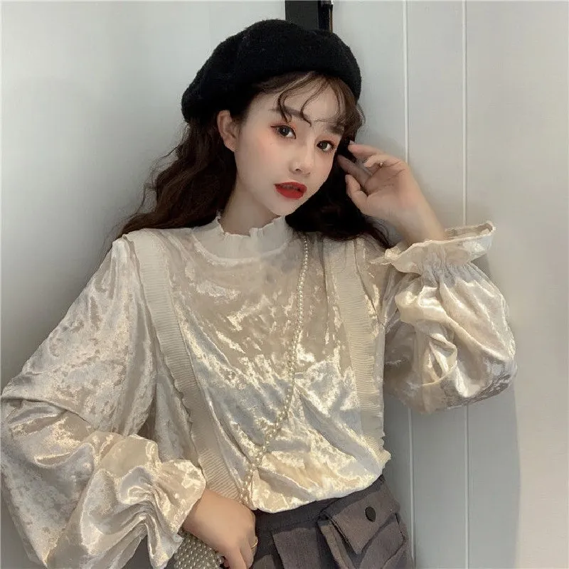 

Korean Velvet Lace T-Shirts Patchwork Loose Casual Tees White Fairy Tops Elegant Fashi Clothes Puff Long Sleeve Bottoming Shirts