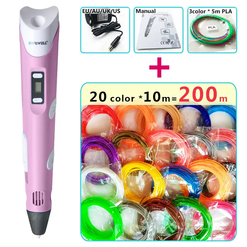 and 20color 10m silk Myriwell 3d Ручка 3d модель, светодиодный дисплей, 1,75 мм ABS/PLA нити, креативная 3d Ручка doodler детские подарки 3d Рисунок pen-3d - Цвет: and 20color 10m silk